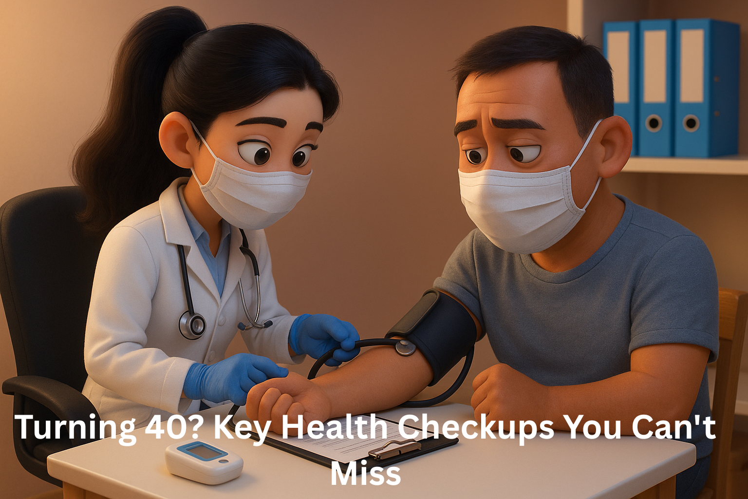 A female doctor wearing a white coat and mask measures the blood pressure of a middle-aged man in a clinic. Both are masked for safety. The doctor uses a sphygmomanometer while a clipboard and medical device rest on the table, emphasizing the importance of regular health checkups at age 40.
