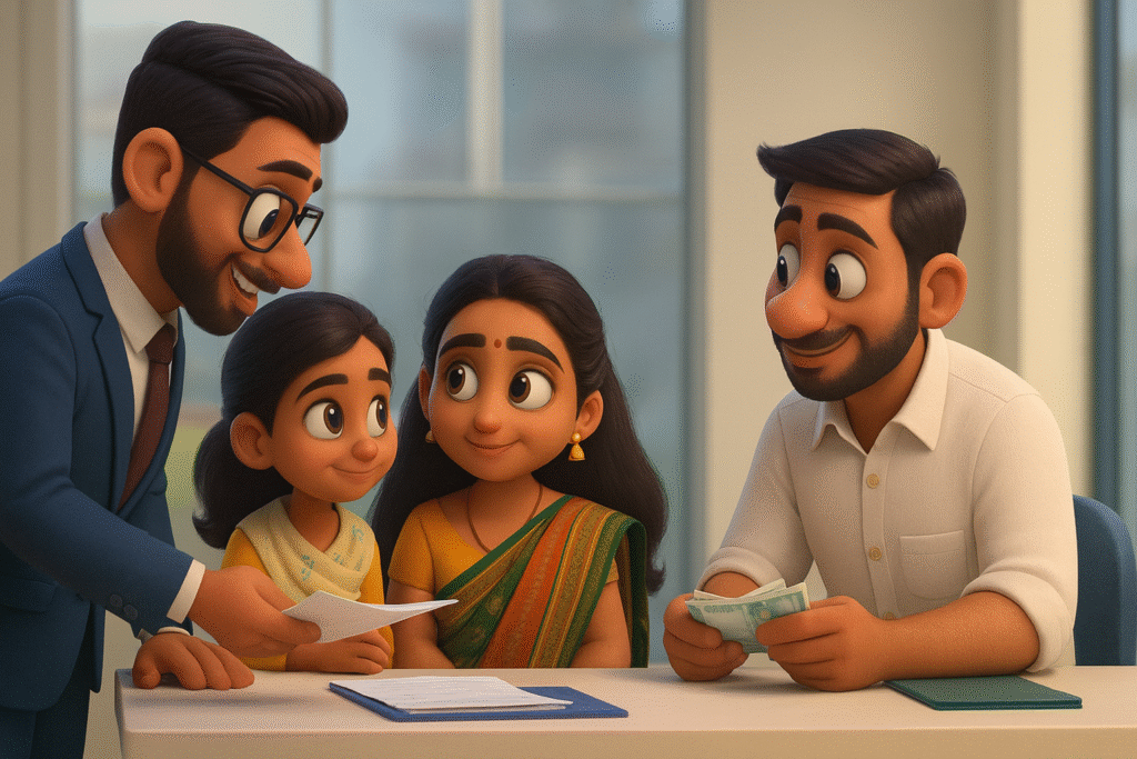 A 3D Pixar-style illustration showing an Indian family—father, mother, and daughter—sitting at a desk with a smiling insurance consultant in a blue suit. The consultant is handing them documents while the family listens attentively in a bright, modern office with soft natural lighting and large glass windows in the background.