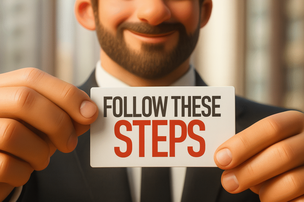 A Pixar-style 3D illustration of a smiling man in a suit holding a white card close to the camera. The card displays the bold text “FOLLOW THESE STEPS,” with “FOLLOW THESE” in black and “STEPS” in red. The man’s face is partially visible, showing a friendly expression and neatly groomed beard, set against a softly blurred office background. The image conveys a motivational and instructional tone.
