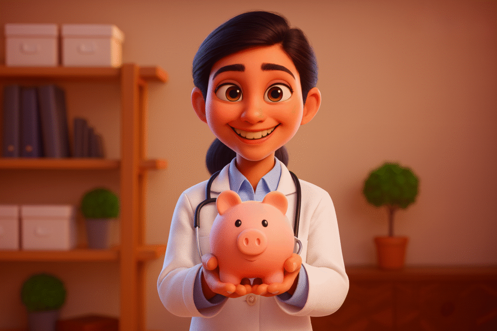 A cheerful female doctor with dark hair tied back, wearing a white lab coat and stethoscope, smiling warmly while holding a pink piggy bank in both hands. The background shows a cozy office with bookshelves, potted plants, and a soft warm light.