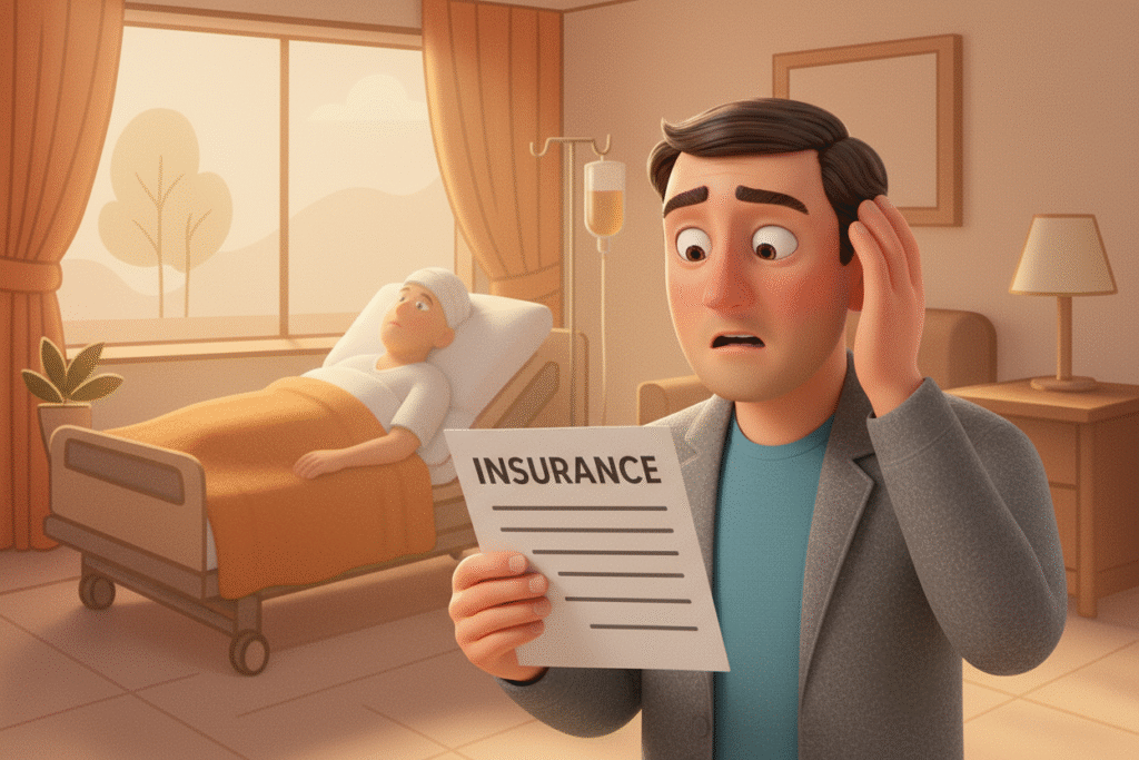 “Shocked by the Fine Print: The Reality of Health Insurance at the Hospital” A worried man stands in a hospital room, holding an insurance document and looking distressed. Behind him, a patient lies in bed under an orange blanket with a bandaged head, connected to an IV drip. The warm-toned room features sunlight streaming through large windows with curtains, a bedside table, and a potted plant, conveying a tense and emotional atmosphere related to medical expenses and insurance concerns.
