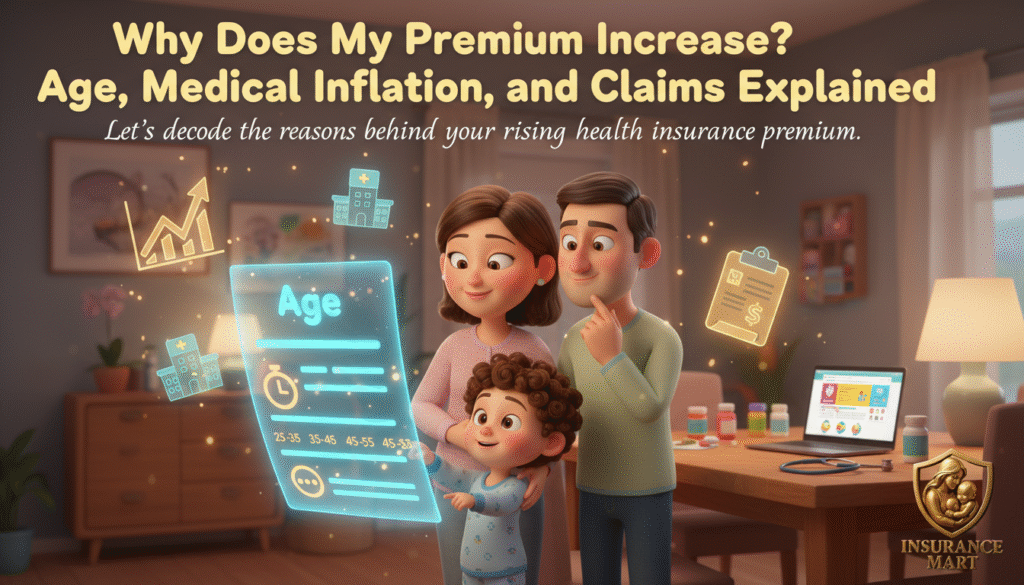 A Pixar-style animated scene featuring a family of three (parents and a child) in a cozy home setting. The parents are looking at a floating holographic insurance document showing age brackets, while the child points at the data. Surrounding them are glowing icons representing age, medical inflation, and claims. The background includes a desk with healthcare-related items like medicine bottles and a stethoscope, and a laptop with the Insurance Mart website open. The Insurance Mart logo is visible in the bottom right corner. Health Insurance Premium Increase Every Year