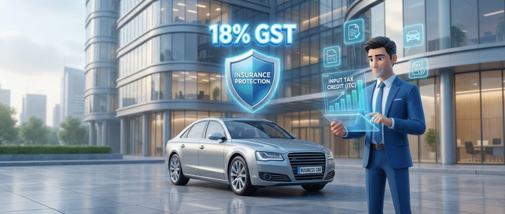 A high-quality Pixar-style 3D illustration showing a businessman reviewing a holographic “Input Tax Credit (ITC)” chart beside a silver business car in front of a modern office building, with glowing icons such as “18% GST” and an insurance protection shield, visually explaining the concept “Can We Claim GST Input on Car Insurance”.